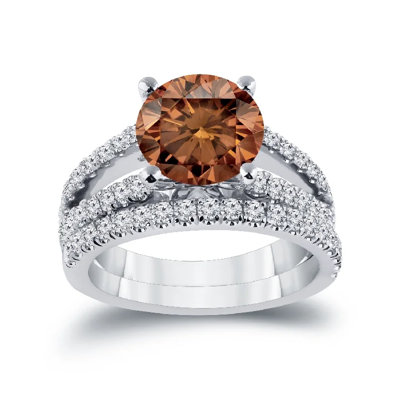 Auriya 2 5/8ctw Round Brown Diamond Engagement Ring Set 14k Gold