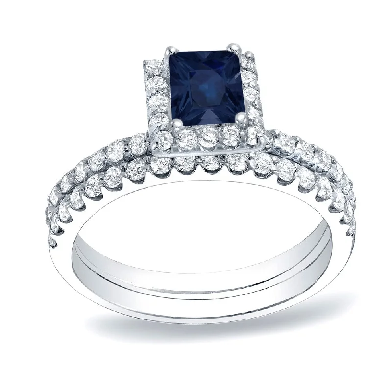 Auriya Platinum 1/2 carat Princess-cut Blue Sapphire and 3/4ct TDW Halo Diamond Engagement Ring Bridal Set