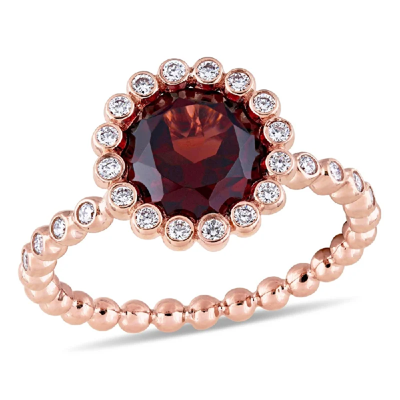 Miadora Signature Collection 14k Rose Gold Garnet and 1/4ct TDW Diamond Beaded Halo Solitaire Engagement Ring - Red