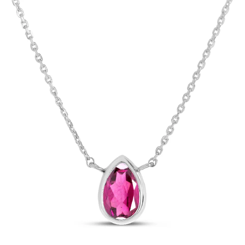 14K White Gold 6x4mm Pear Shaped Pink Tourmaline Birthstone Necklace