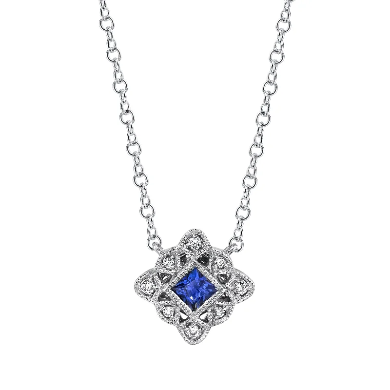 14K White Gold 0.18ct. Sapphire & 0.04ct. Diamond Filigree Detailing Fashion Necklace