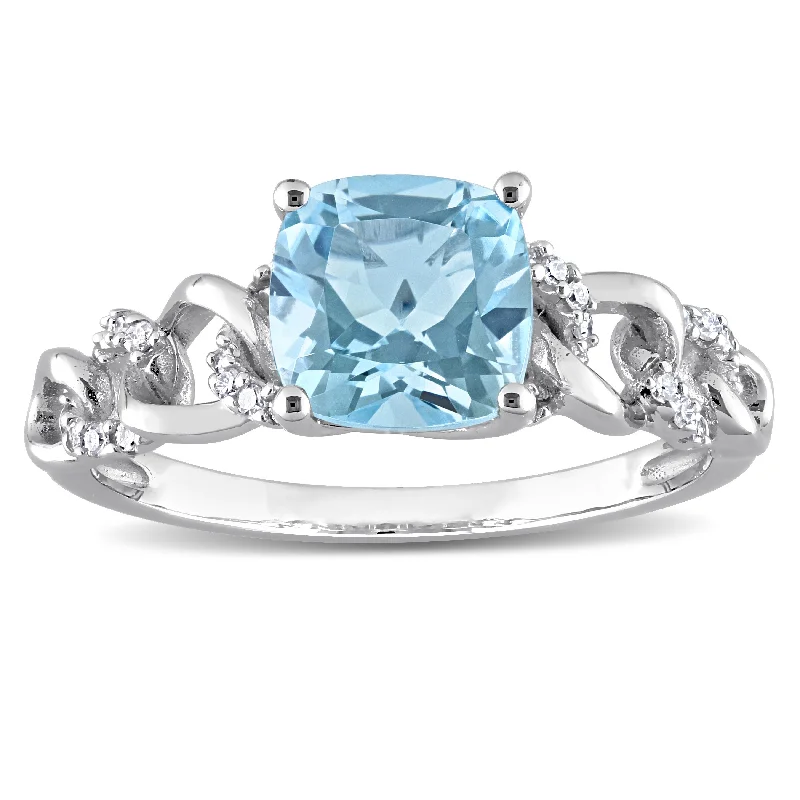 Miadora Cushion Sky Blue Topaz and 1/10ct TDW Diamond Link Engagement Ring in 10k White Gold