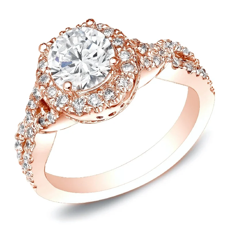 Auriya 14k Rose Gold 1ctw Twisted Round Halo Diamond Engagement Ring