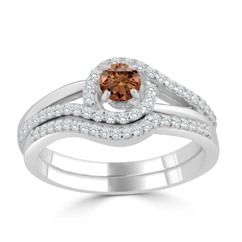 14k Gold Round 1/2ct TDW Brown Diamond Halo Swirl Engagement Ring Set by Auriya