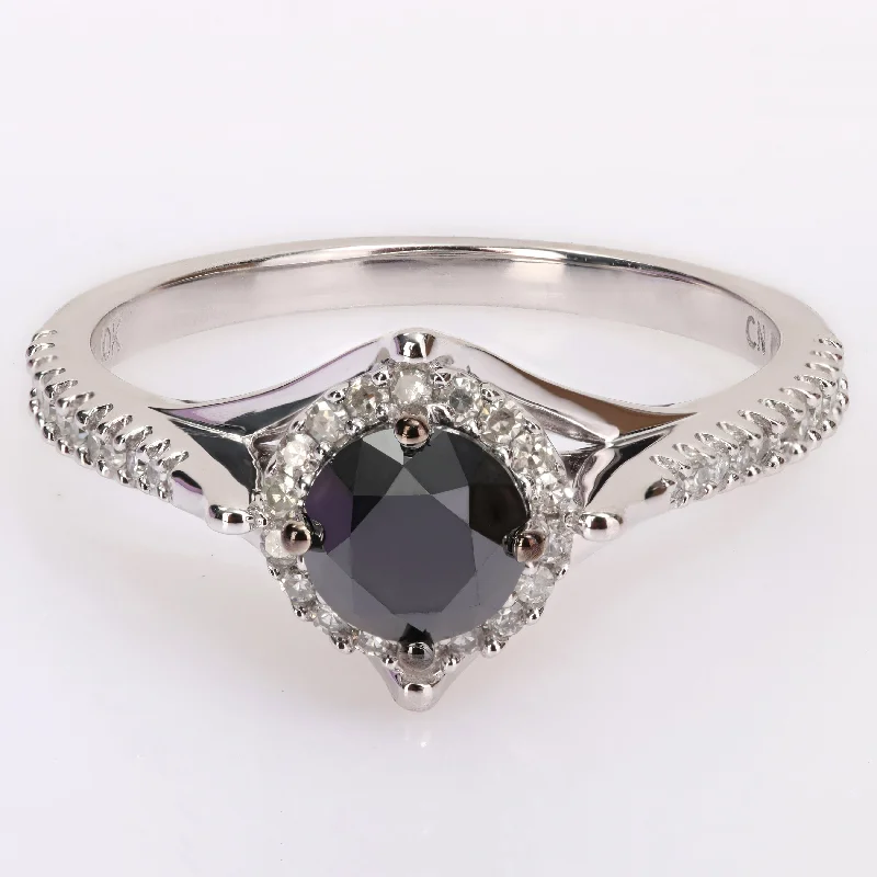 Miadora 10k White Gold with Black Rhodium 1 1/5ct TDW Black & White Diamond Halo Engagement Ring