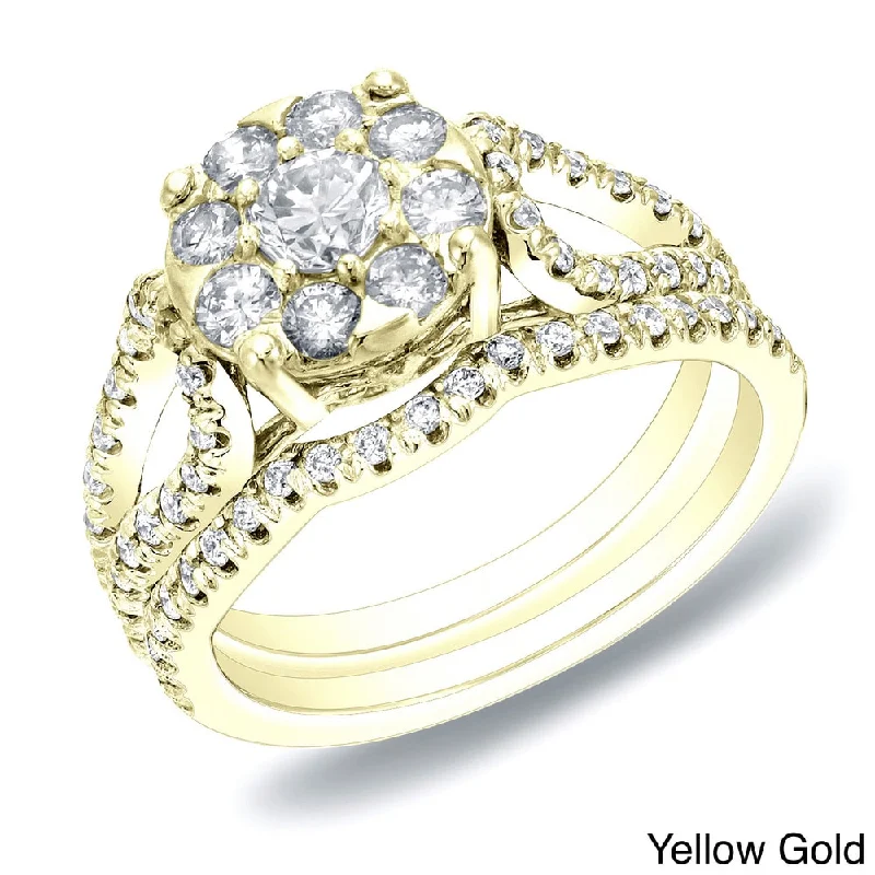 14k Gold 1ct TDW Diamond Halo Engagement Ring Set by Auriya