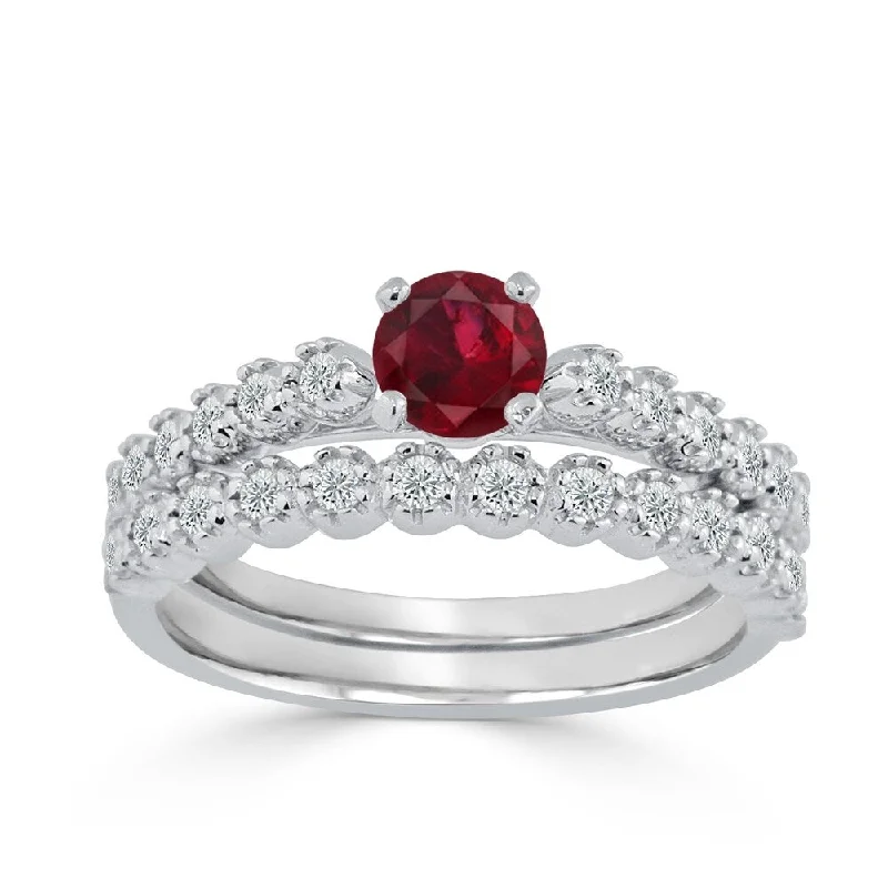 Auriya Round 3/8ct Red Ruby and 1/8 TDW Diamond Engagement Ring Set 14k Gold