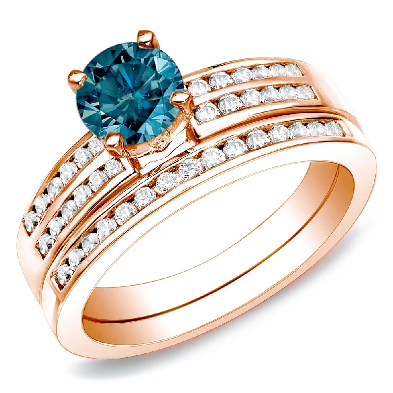 Auriya 14k Rose Gold 1ctw Blue Diamond Engagement Ring Set