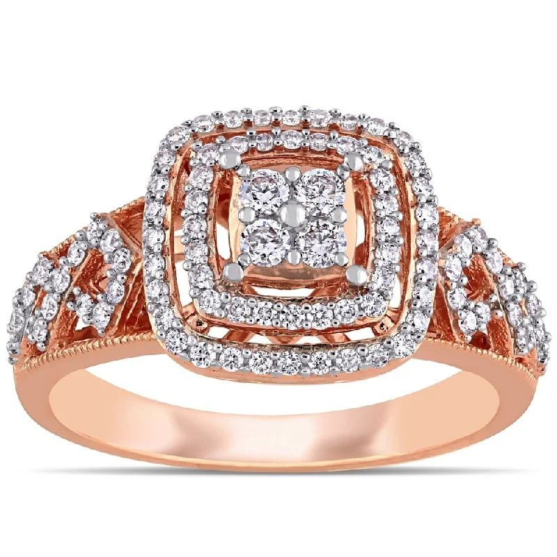 1/2ct TDW Diamond Quad Halo Engagement Ring in 14k Rose Gold by Miadora