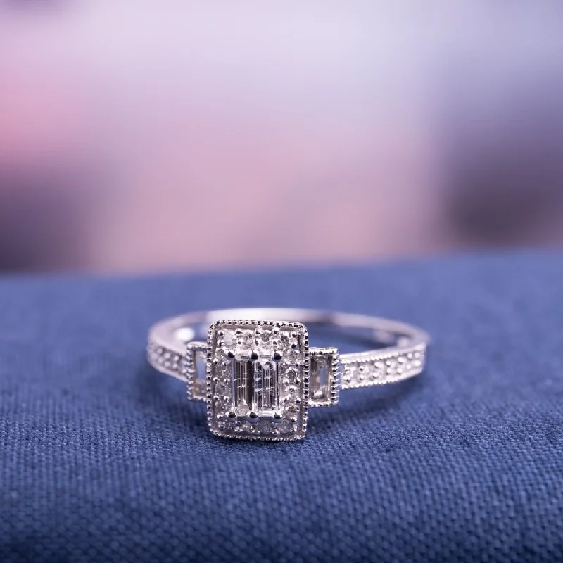 Miadora 10k White Gold 1/3ct TDW Baguette Diamond Halo Engagement Ring