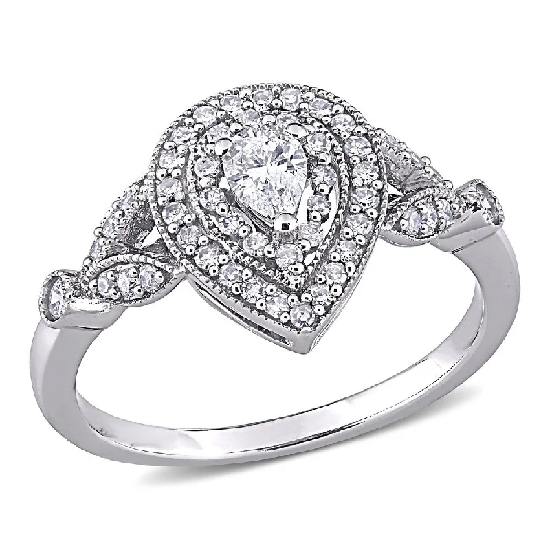 Miadora 10k White Gold 1/2ct TDW Pear & Round-cut Diamond Teardrop Halo Engagement Ring