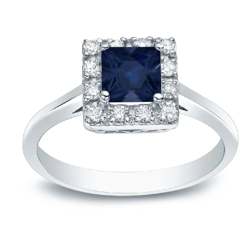 Platinum Square 1/3ct Blue Sapphire and 1/5ct Diamond Halo Engagement Ring