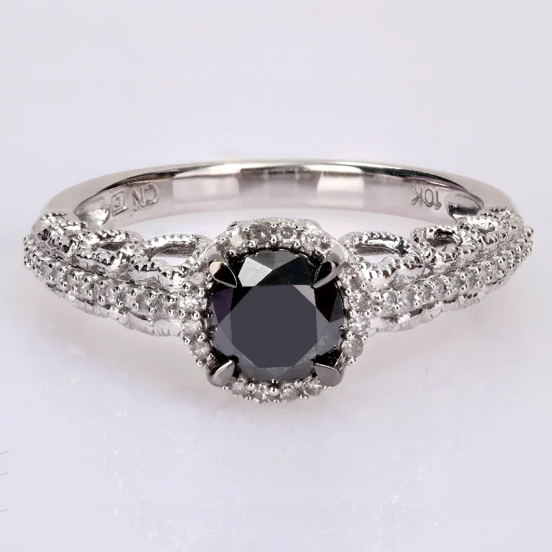 Miadora 10k White Gold with Black Rhodium 1 1/6ct TDW Black & White Diamond Halo Engagement Ring