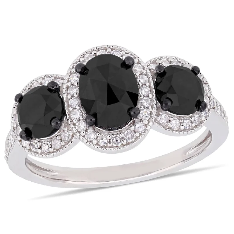 Miadora Sterling Silver with Black Rhodium 2-2/5ct TDW Black and White Diamond 3-Stone Halo Engagement Ring