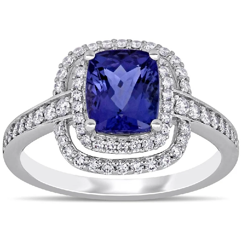 Miadora 14k White Gold Cushion-Cut Tanzanite and 1/2ct TDW Double Halo Engagement Ring