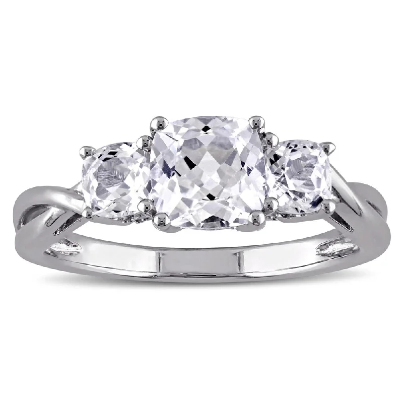 Miadora 10k White Gold 3-Stone Cushion Shape Created White Sapphire and Diamond Engagement Ring