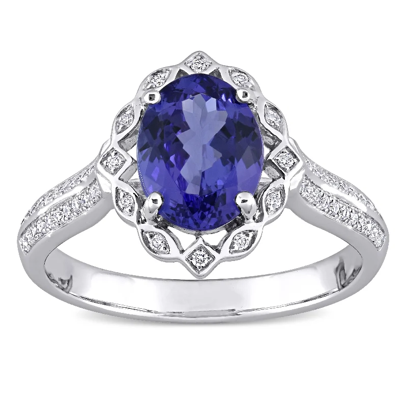 Miadora 14k White Gold Oval-cut Tanzanite & 1/6ct TDW Diamond Halo Multi-Row Engagement Ring