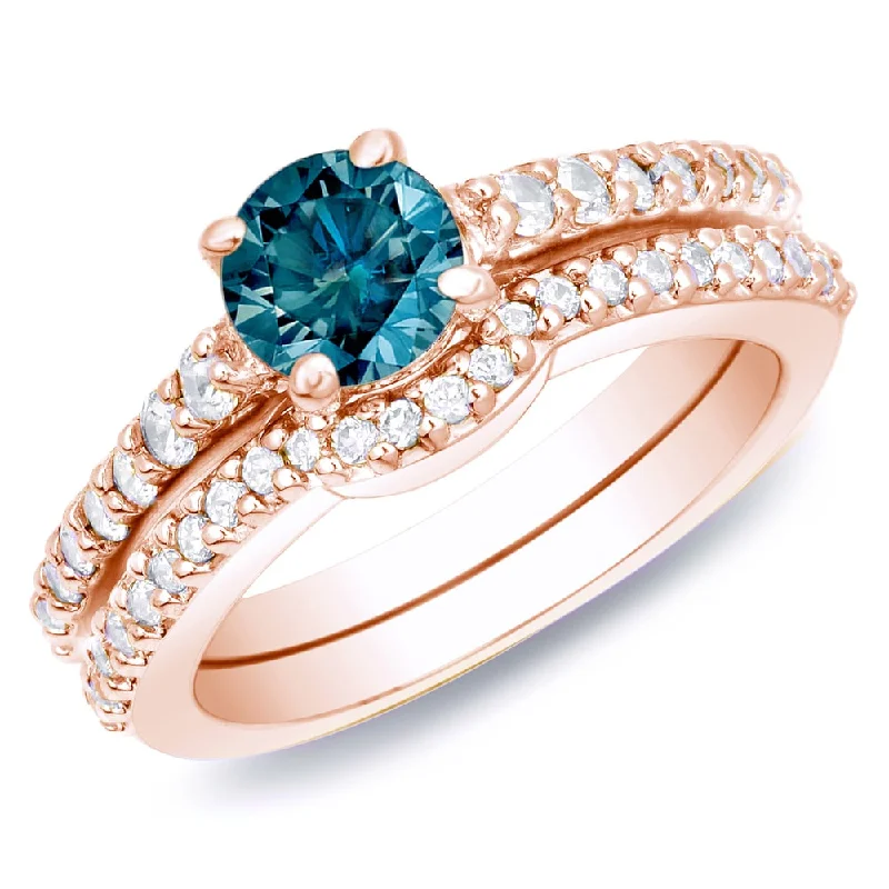 Auriya 14k Rose Gold 1ct TW Round Blue Diamond Engagement Ring Set