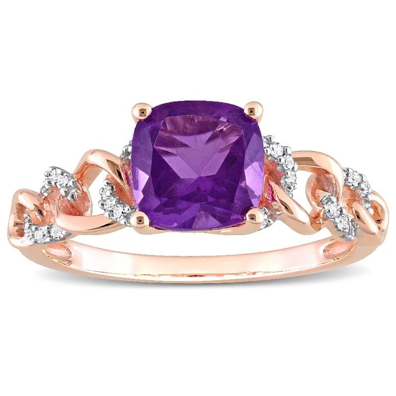 Miadora Cushion African Amethyst and 1/10ct TDW Diamond Link Engagement Ring in 10k Rose Gold