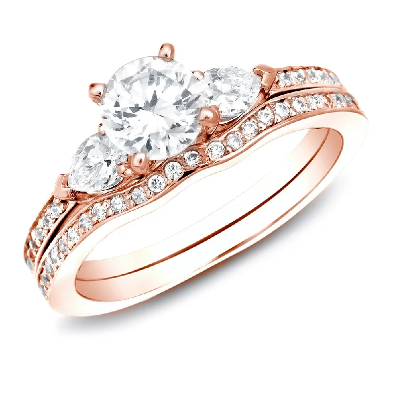 Auriya 14k Rose Gold 1 carat TW 3-Stone Diamond Engagement Ring Set