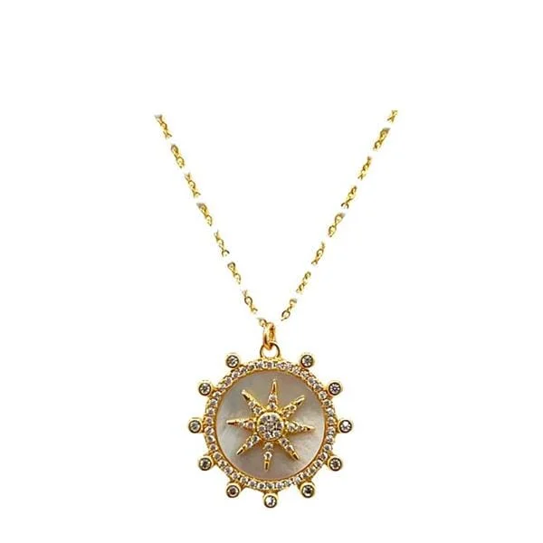 Enamel Starburst Charm on Plated or Gold Vermeil Beaded Chain: White (_NGP756MN)