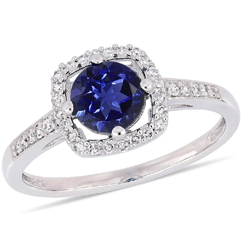 Miadora 10k White Gold Created Blue Sapphire and 1/7ct TDW Diamond Floating Square Halo Engagement Ring