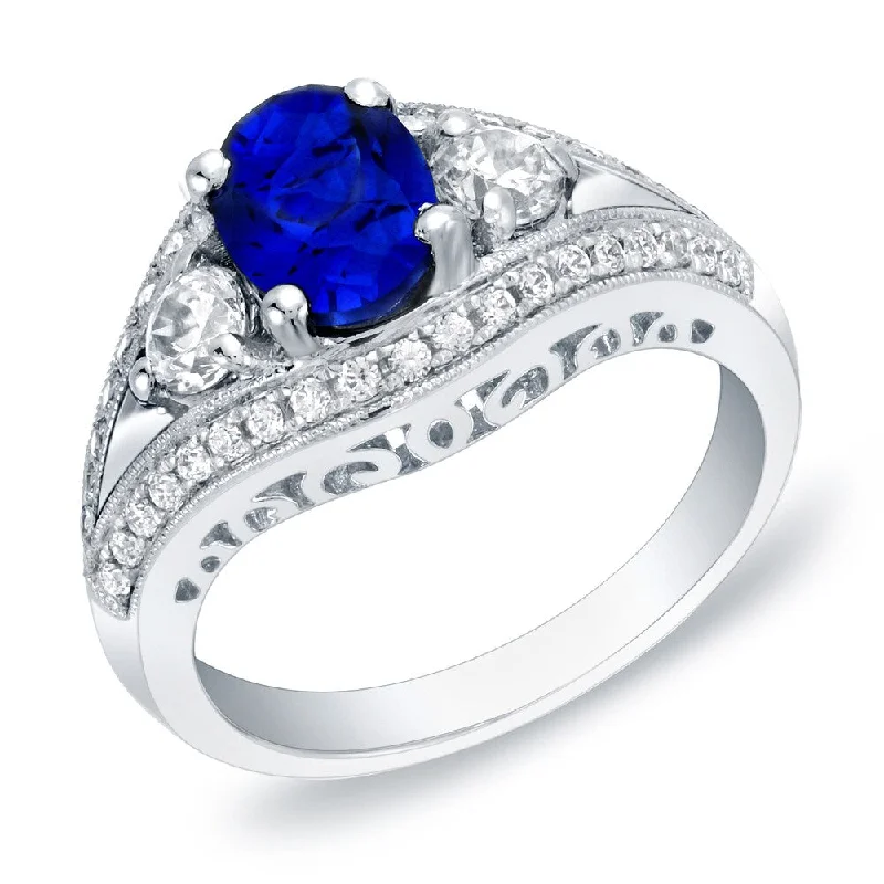 Auriya Vintage 1ct Oval Cut Blue Sapphire and 3/4ctw 3 Stone Diamond Engagement Ring 14k Gold