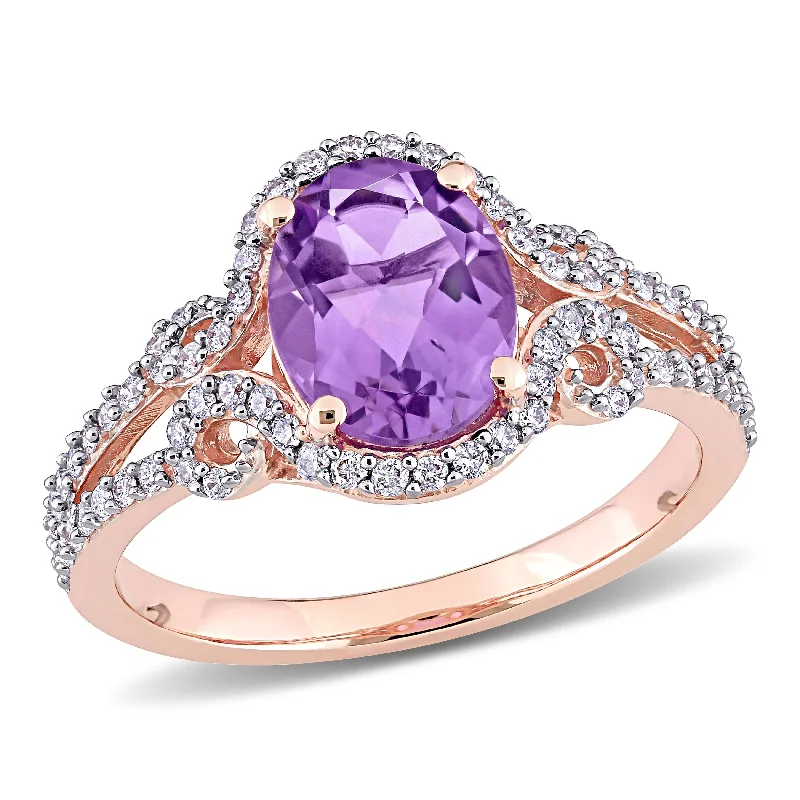 Miadora 14k Rose Gold Oval-cut Amethyst and 1/3ct TDW Diamond Halo Split Shank Engagement Ring