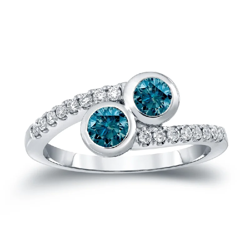 Auriya 14k Gold 1ct TDW Round 2-Stone Blue Diamond Engagement Ring