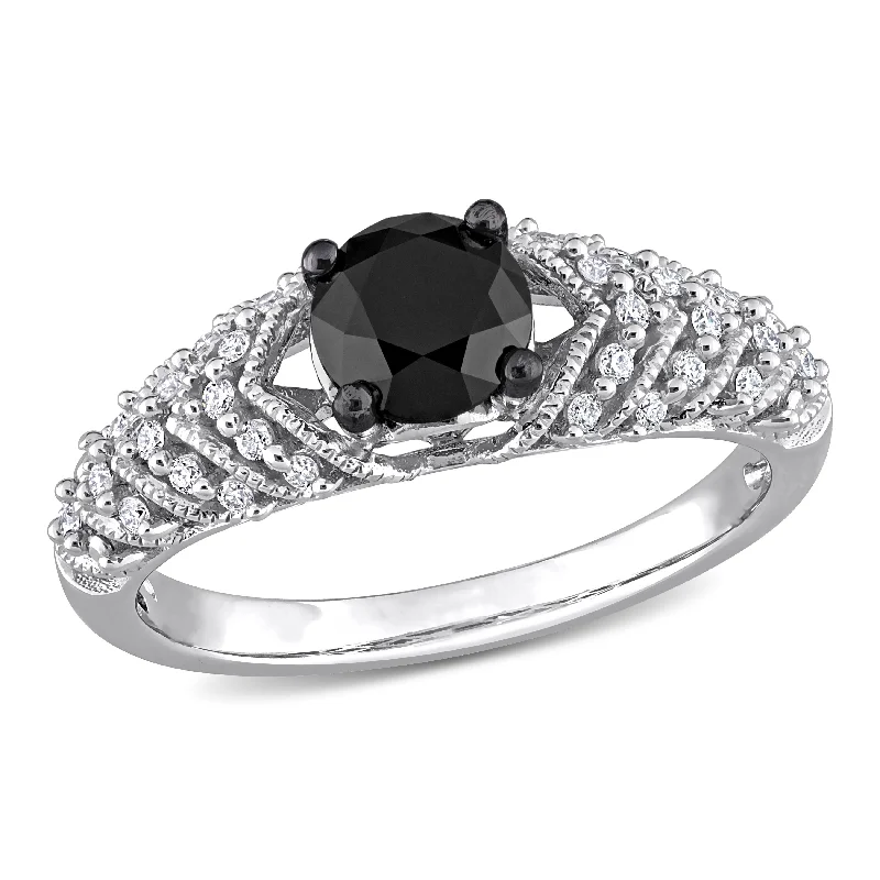 Miadora 4/5ct TDW Round-cut Black and White Diamond Vintage Chevron Engagement Ring 14k White Gold