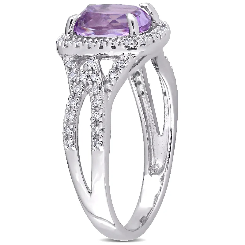 Miadora 14k White Gold Cushion-cut Kunzite and 1/6ct TDW Diamond Halo Split Shank Engagement Ring