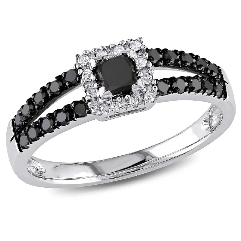 Miadora 10k White Gold 1/2ct TDW Black and White Diamond Halo Split Shank Engagement Ring