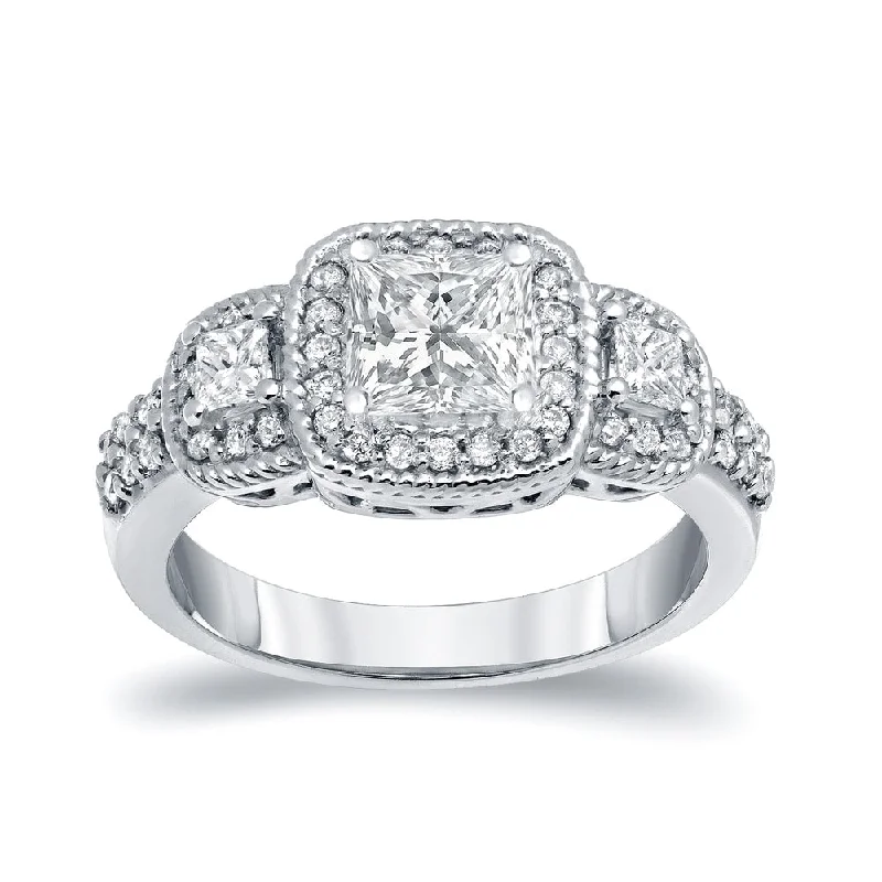 Auriya 1 1/2 carat TW 3-Stone Princess-Cut Halo Diamond Engagement Ring Platinum