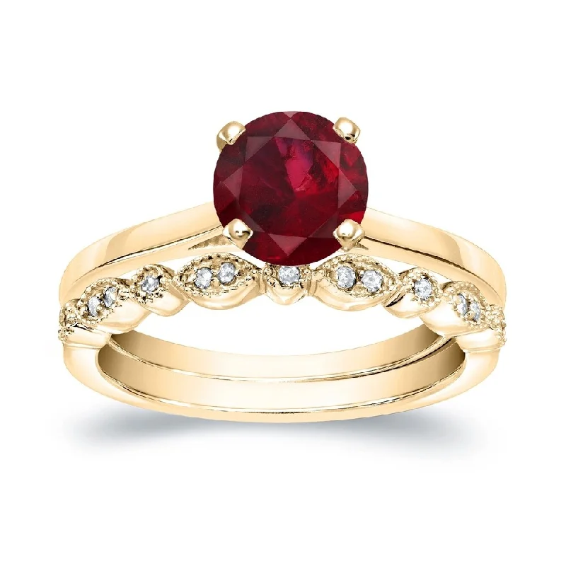 Auriya Vintage Stackable 7/8ct Red Ruby Solitaire and 1/6ctw Diamond Engagement Ring Set 14k Gold