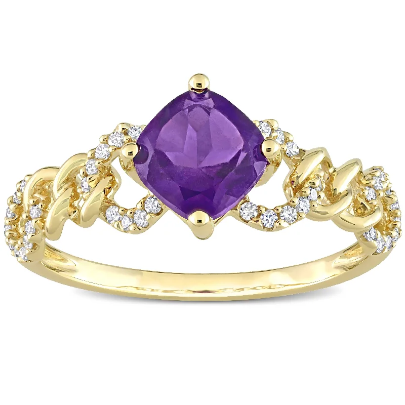 Miadora Cushion African Amethyst and 1/7ct TDW Diamond Link Engagement Ring in 10k Yellow Gold