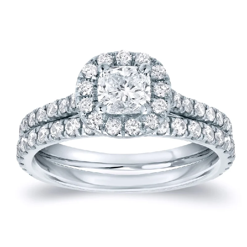 Auriya Platinum 1 carat TW Cushion-cut Halo Diamond Engagement Ring Set