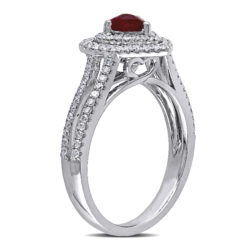 Miadora 14k White Gold Ruby and 3/8ct TDW Diamond Heart Double Halo Split Shank Engagement Ring