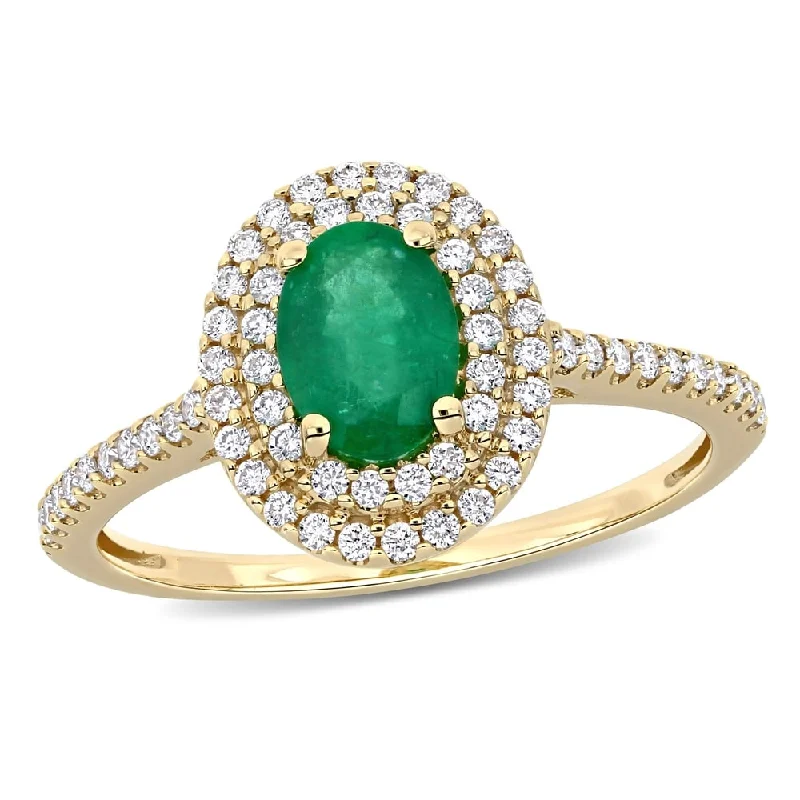 Miadora 14k Yellow Gold Oval-cut Emerald & 1/3ct TDW Diamond Double Halo Engagement Ring