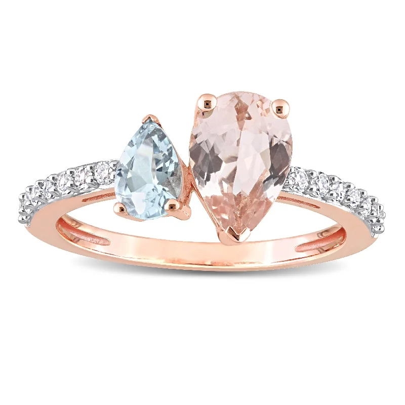 Miadora Pear Shape Aquamarine, White Topaz and Morganite Engagement Ring in 10k Rose Gold