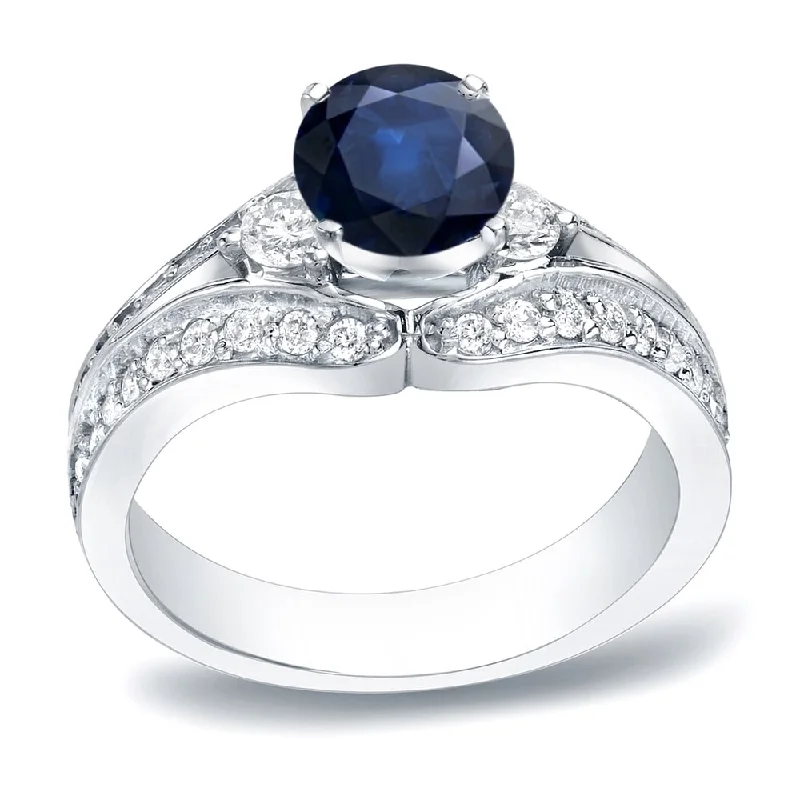 Platinum Round 1/2ct Blue Sapphire and 3/4ct TDW Three Stone Diamond Engagement Ring by Auriya