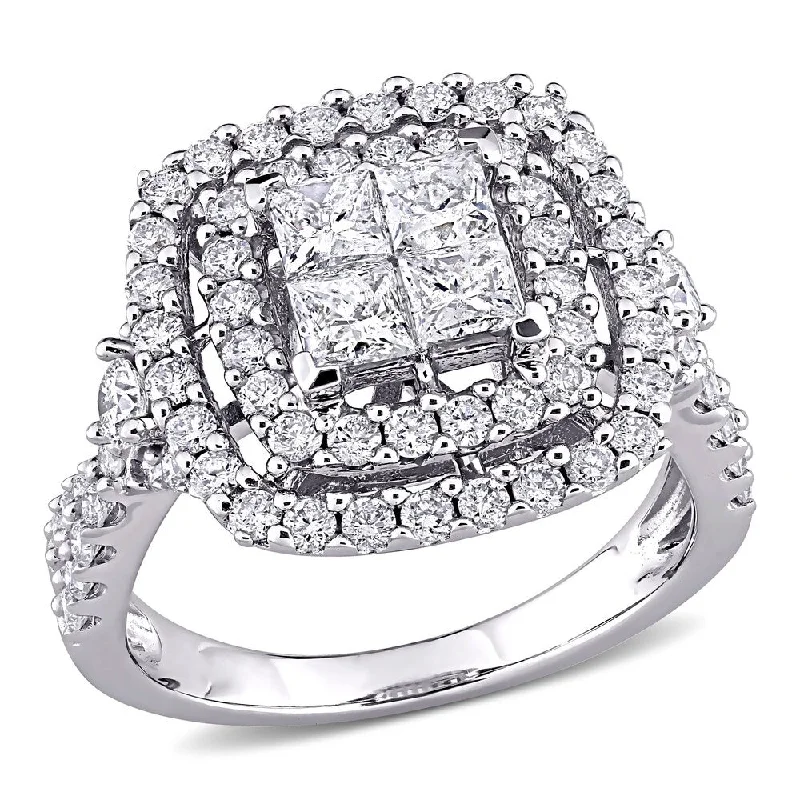 Miadora 14k White Gold 2ct TDW Princess-cut Quad Diamond Double Halo Engagement Ring