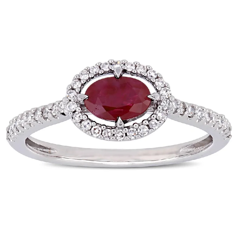 Miadora 14k White Gold Ruby and 1/5ct TDW Diamond Floating Oval Halo Engagement Ring