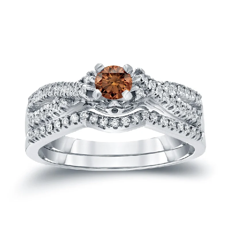 14k Gold 1/2ct TDW Braided Infinity Inspired Brown Diamond Halo Engagement Ring Set by Auriya