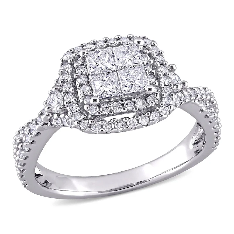 Miadora 10k White Gold 1ct TDW Princess-cut Quad Diamond Crossover Halo Engagement Ring