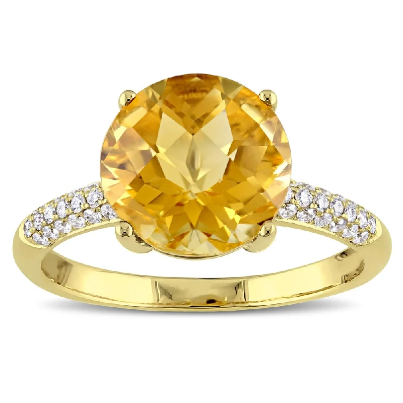 Round Checkered Citrine and 1/5ct TDW Diamond Engagement Ring in 14k Yellow Gold by The Miadora Sign