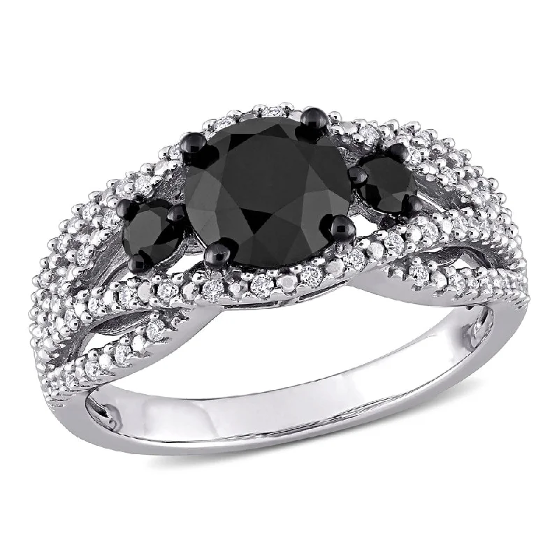 Miadora 14k White Gold 1 7/8ct TDW Black & White Diamond Criss-Cross 3-stone Engagement Ring