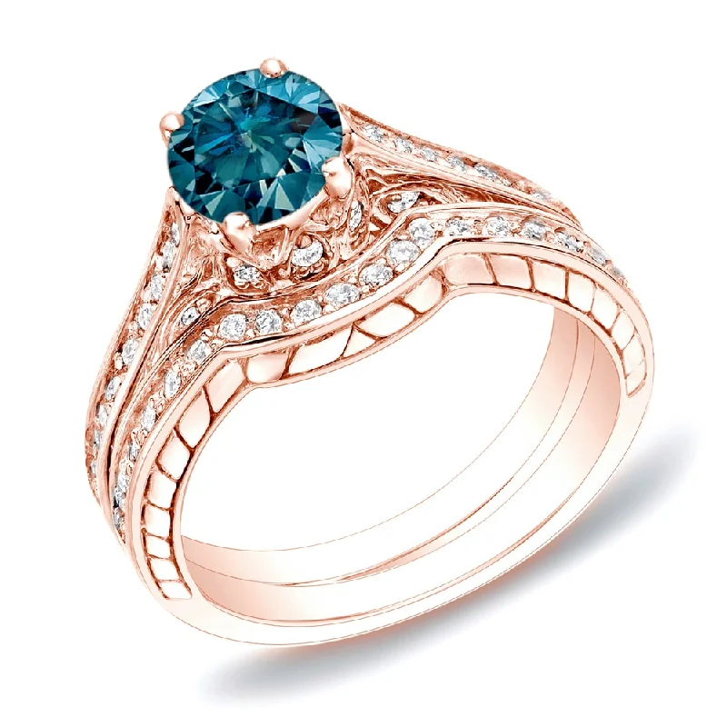 Auriya 14k Rose Gold 1ctw Unique Blue Diamond Engagement Ring Set