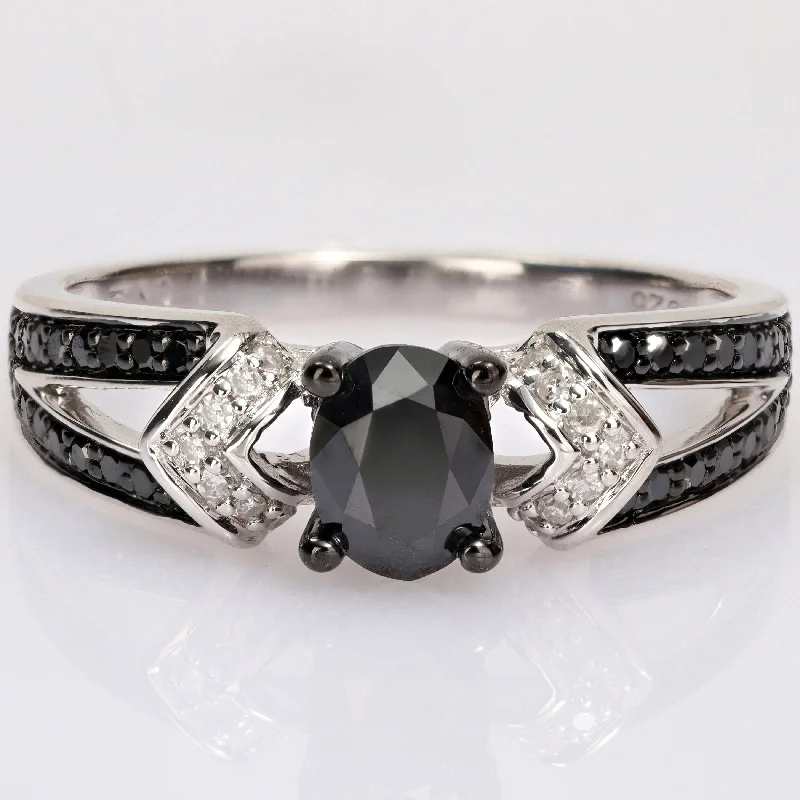 Miadora 1ct TDW Oval & Round Black & White Diamond Split Shank Engagement Ring in Sterling Silver