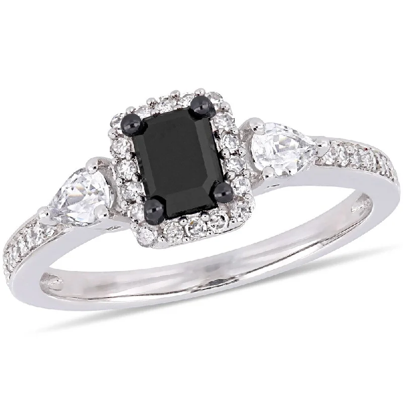 Miadora Signature Collection 10k White Gold 7/8ct TDW Black and White Diamond White Sapphire 3-Stone Halo Engagement Ring