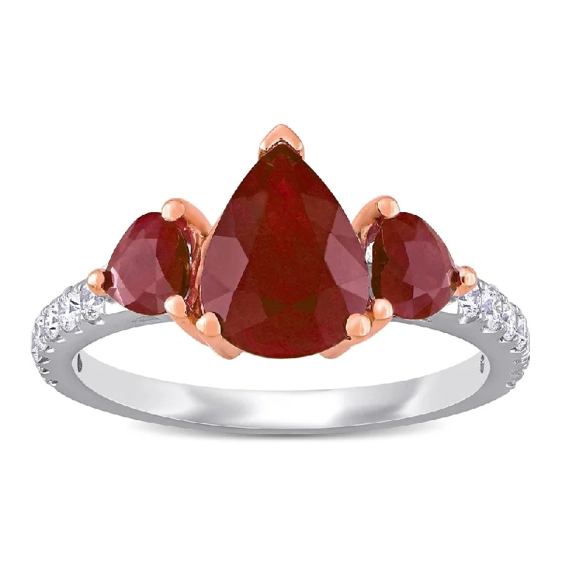 Miadora 14k White and Rose Gold Ruby and 1/3ct TDW Diamond 3-Stone Engagement Ring